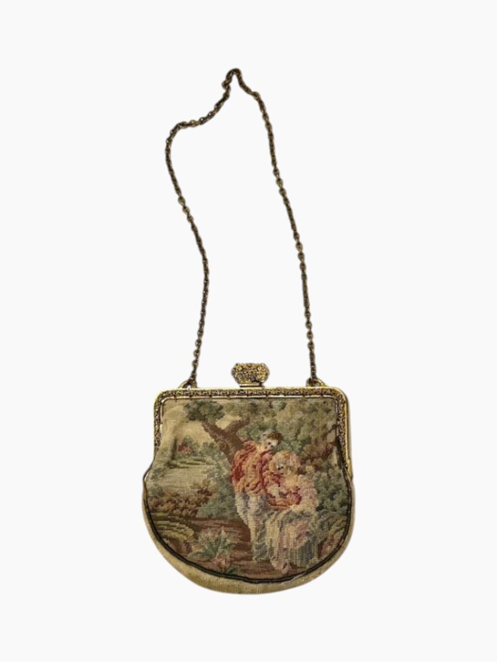 Antique 1920s Tapestry French Petit Point Evening Bag Featuring an Ornate Clasp